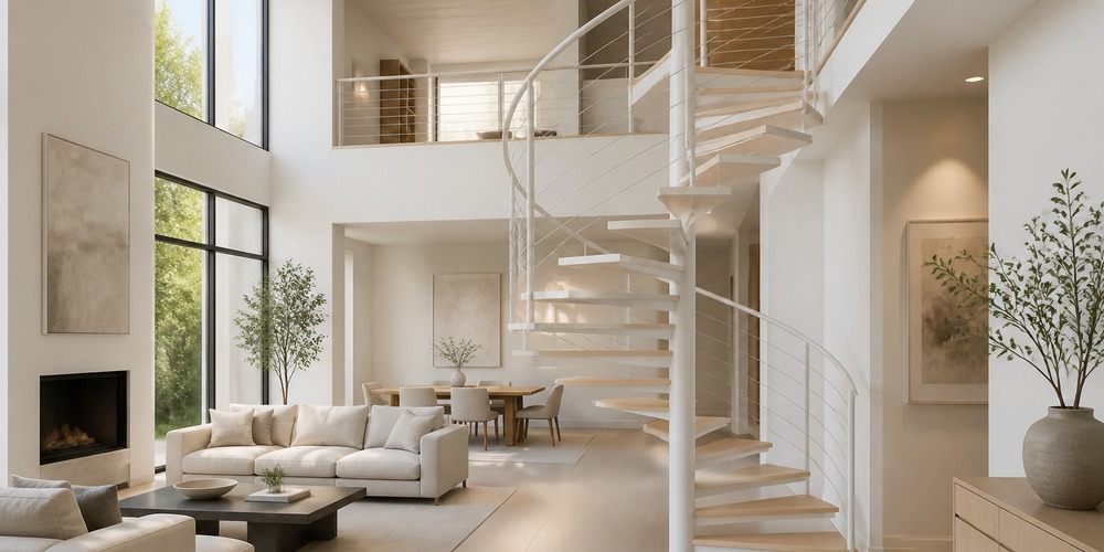 White spiral staircase rising to a mezzanine in a double-height living room.